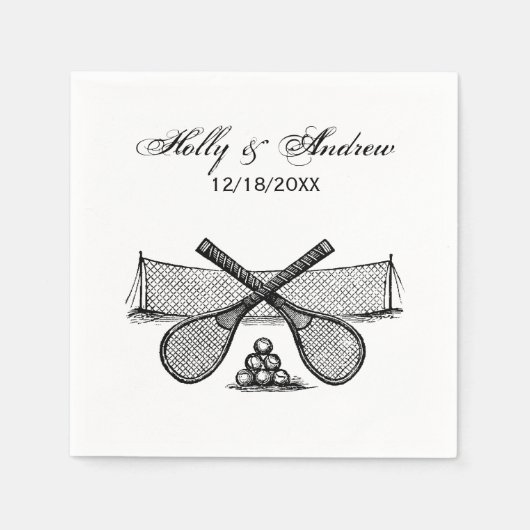 スポーツヴィンテージテニスネット、クロスしたレース、ボール スタンダードカクテルナプキン (正面)