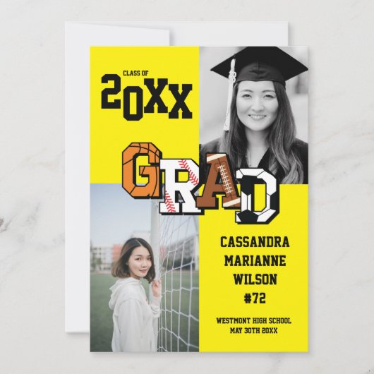 スポーツ卒業式サッカーバスケットボールサッカーイエロー 招待状 (正面)