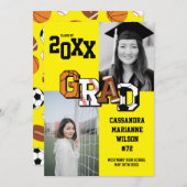 スポーツ卒業式サッカーバスケットボールサッカーイエロー 招待状 (正面/裏面)