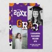 スポーツ卒業式サッカーバスケットボールサッカーパープル 招待状 (正面/裏面)