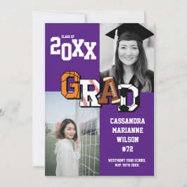 スポーツ卒業式サッカーバスケットボールサッカーパープル 招待状