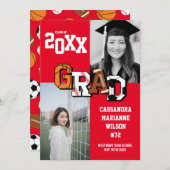 スポーツ卒業式サッカーバスケットボールサッカーレッド 招待状 (正面/裏面)