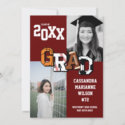 スポーツ卒業式サッカーバスケットボールマルーン 招待状 (正面)