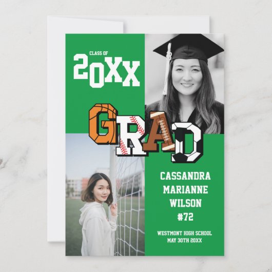 スポーツ卒業 サッカー バスケットボール フットボール 緑 招待状 (正面)