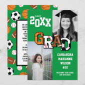 スポーツ卒業 サッカー バスケットボール フットボール 緑 招待状 (正面/裏面)