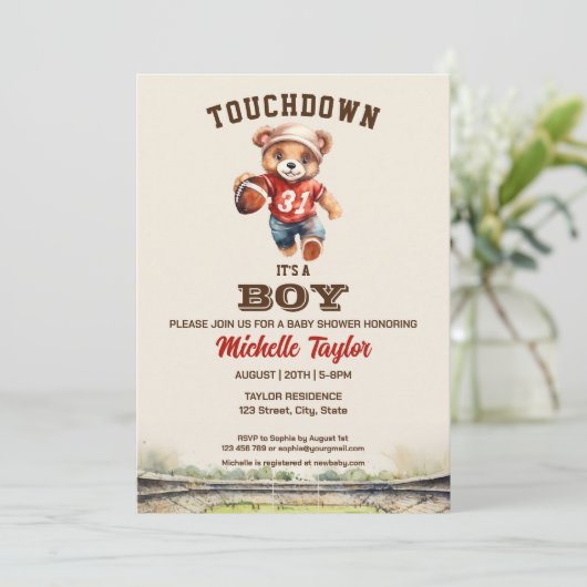 スポーツ少年サッカー少年の赤ちゃんシャワーベア 招待状 (スタンド正面)