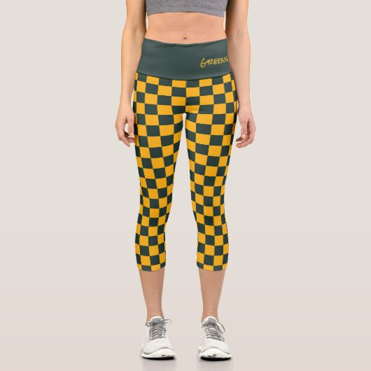 スポーツ市松模様にチームグリーン金ゴールド学校名 カプリレギンス (正面)