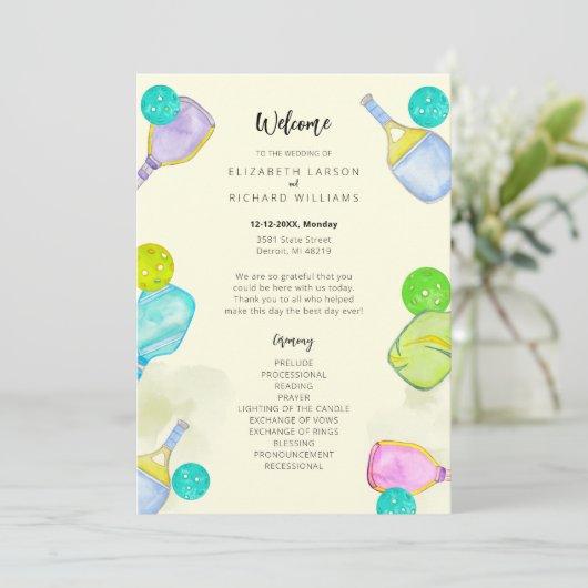 スポーツ愛好家の水の色のピックボールをテーマ結婚にした プログラム (スタンド正面)