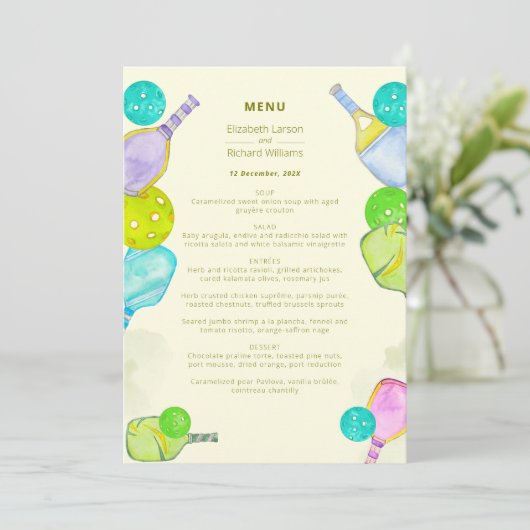 スポーツ愛好家の水の色のピックボールをテーマ結婚にした メニュー (スタンド正面)