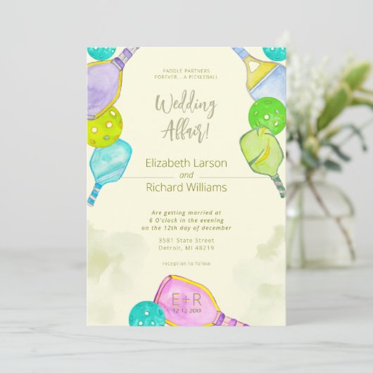 スポーツ愛好家の水の色のピックボールをテーマ結婚にした 招待状 (スタンド正面)