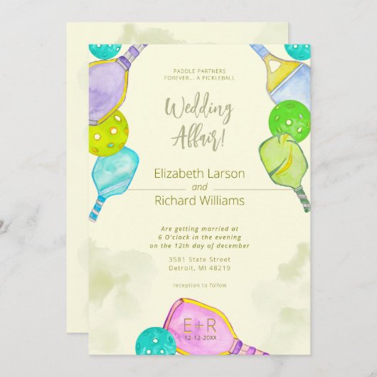スポーツ愛好家の水の色のピックボールをテーマ結婚にした 招待状 (正面/裏面)