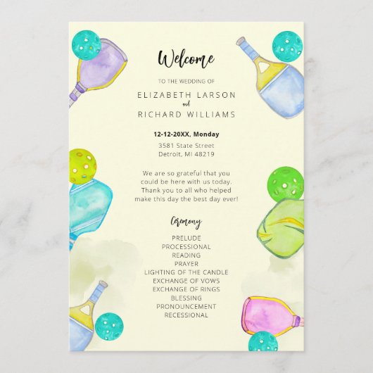 スポーツ愛好家の水彩画 ピックルボールにインスパレーションされたウェディング プログラム (正面)