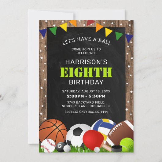 スポーツ素朴をテーマにした子供の誕生日パーティー 招待状 (正面)