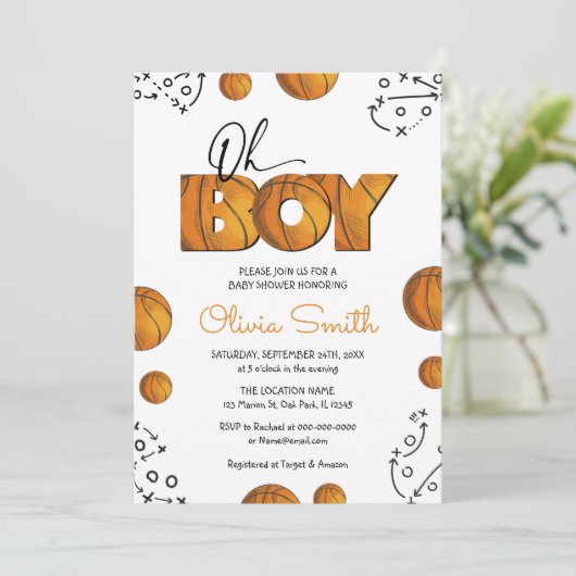スポーツ素朴ボーイバスケットボール赤ちゃんシャワー 招待状 (スタンド正面)