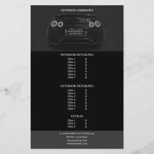 スポーツ自動車詳細車の清掃価格一覧 チラシ (正面)