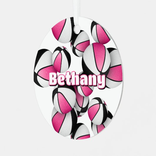 スポーツ記念品選手の名前ピンク黒のバスケット メタルオーナメント (正面左)