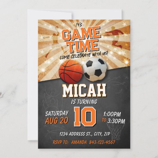 スポーツ誕生日の招待サッカーバスケットボール 招待状 (正面)