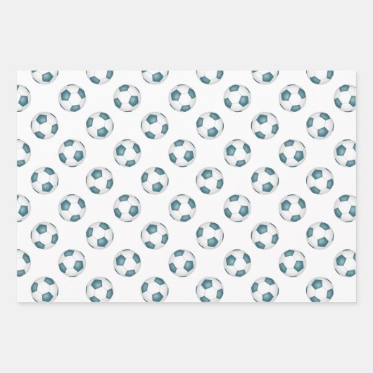 スポーツ誕生日ギフトセットティール（緑がかった色）ホワイトサッカー ラッピングペーパーシート (正面3)