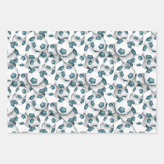 スポーツ誕生日ギフトセットティール（緑がかった色）ホワイトサッカー ラッピングペーパーシート (正面)