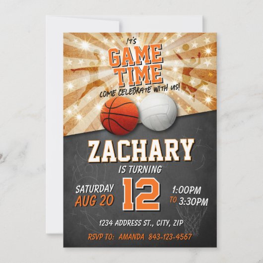 スポーツ誕生日招待状バスケットボール&バレーボール 招待状 (正面)