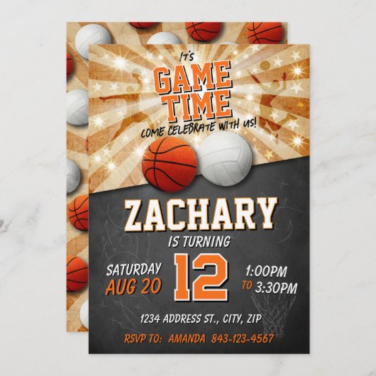 スポーツ誕生日招待状バスケットボール&バレーボール 招待状 (正面/裏面)