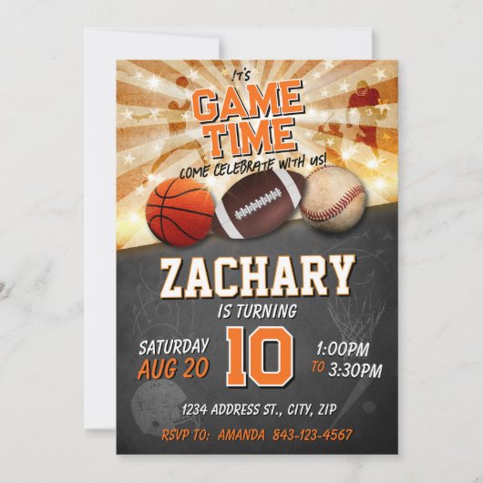 スポーツ誕生日招待状 バスケットボール 野球 フットボール 招待状 (正面)