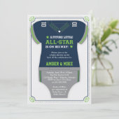 スポーツ赤ちゃんシャワー招待状，青，緑 招待状 (スタンド正面)