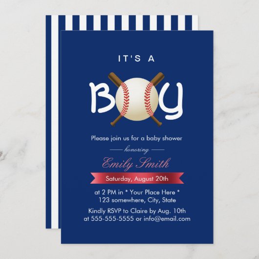 スポーツ野球テーマ男の子の赤ちゃんシャワー 招待状 (正面/裏面)