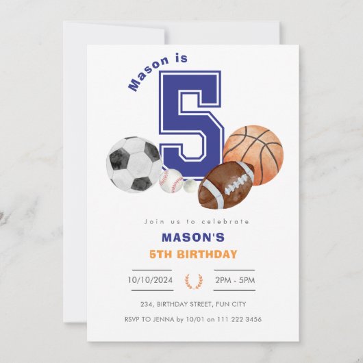 スポーツ5thボーイアスリート誕生日 招待状 (正面)