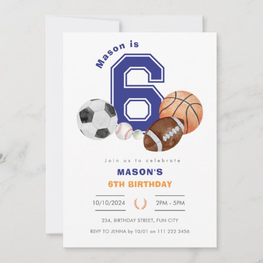 スポーツ6thボーイアスリート誕生日 招待状 (正面)