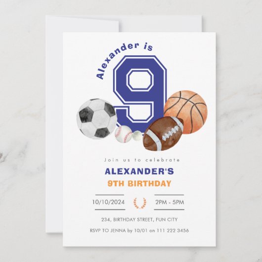 スポーツ9thボーイアスリート誕生日 招待状 (正面)