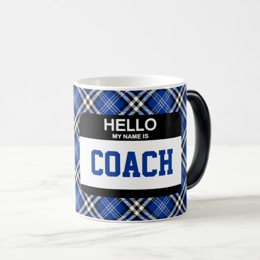 スポーツ こんにちは 私の名前は COACH ネームタグ 青い格子縞  モーフィングマグカップ (正面右)
