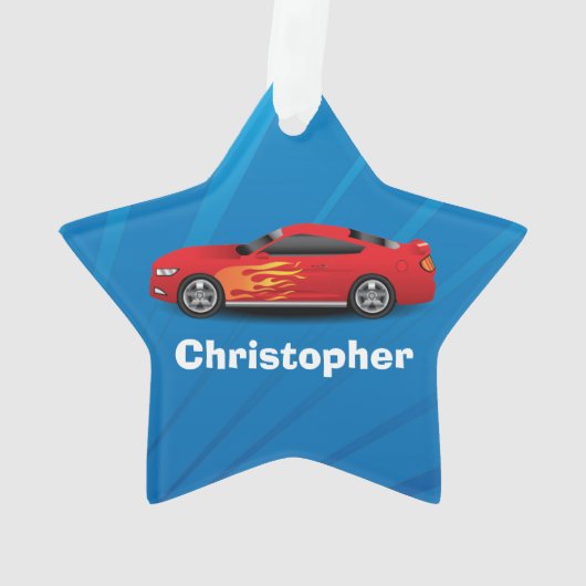 スポーツ・カーは赤の子供の男の子の明るい青を炎にあてます オーナメント (裏面)