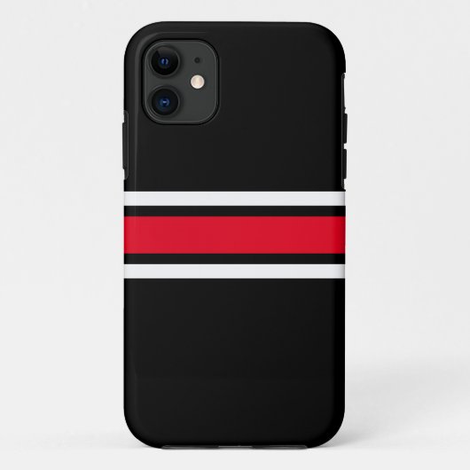 スポーティで明るい赤の白のレースストライプのブラックオン Case-Mate iPhoneケース (裏面)