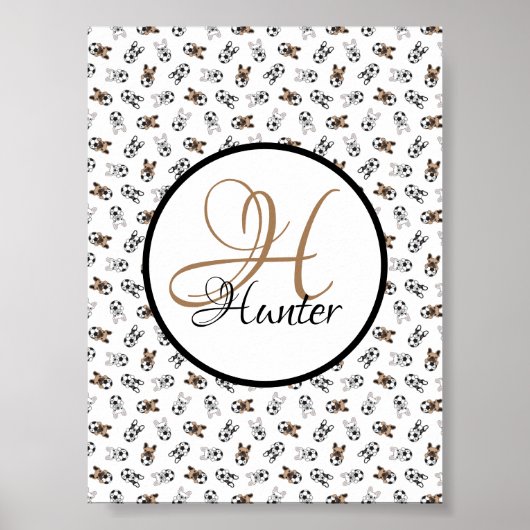 スポーティなサッカーの子犬モノグラムのたち ポスター (正面)