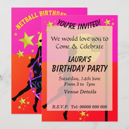 スポーティなネットボールパーティーのテーマ 招待状 (正面/裏面)