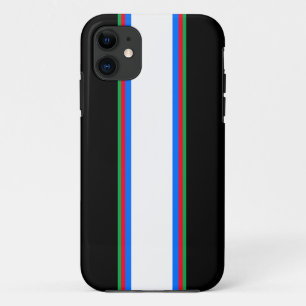 スポーティなブラック ホワイト レッド グリーン ブルー レース ストライプ iPhone 11 ケース