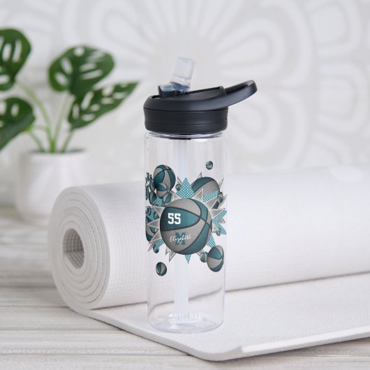 スポーティな女の子のティール(緑がかった色)グレーのバスケットボールのパンク ウォーターボトル (ヨガ)