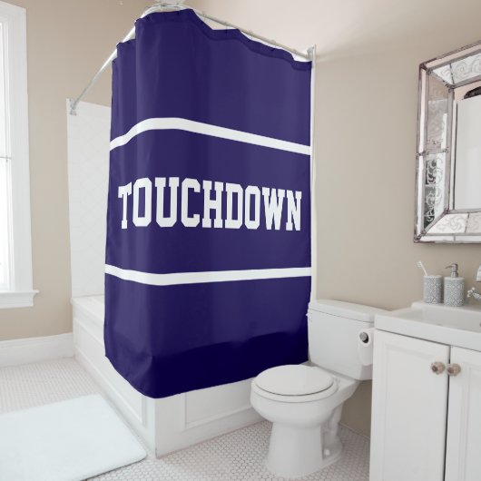 スポーティな濃紺 TOUCHDOWN 白文字 ストライプ シャワーカーテン (インサイチュ)