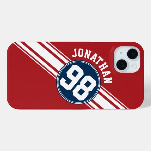スポーティな赤、白、青ストライプの名前番号 Case-Mate iPhoneケース (裏面 (横))