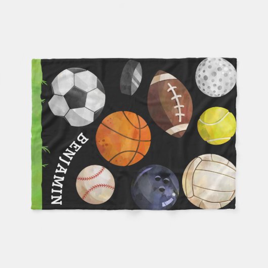 スポーティな集りの名前をカスタムするの黒 フリースブランケット (正面(横))