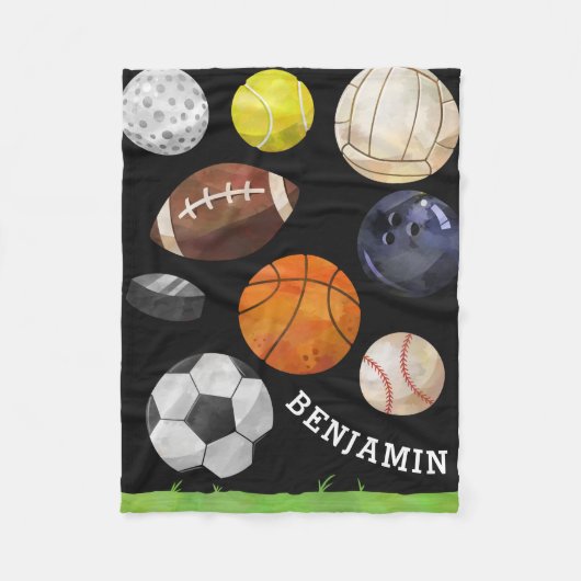 スポーティな集りの名前をカスタムするの黒 フリースブランケット (正面)