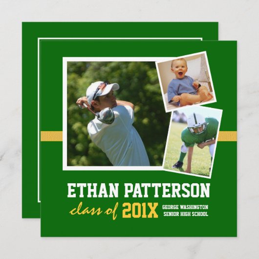 スポーティな3写真の卒業の発表の緑金ゴールド 招待状 (正面/裏面)