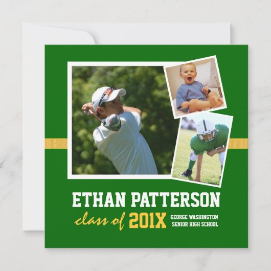 スポーティな3写真の卒業の発表の緑金ゴールド 招待状 (正面)