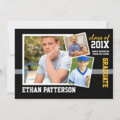 スポーティな3写真の卒業の発表の黒の金ゴールド 招待状 (正面)