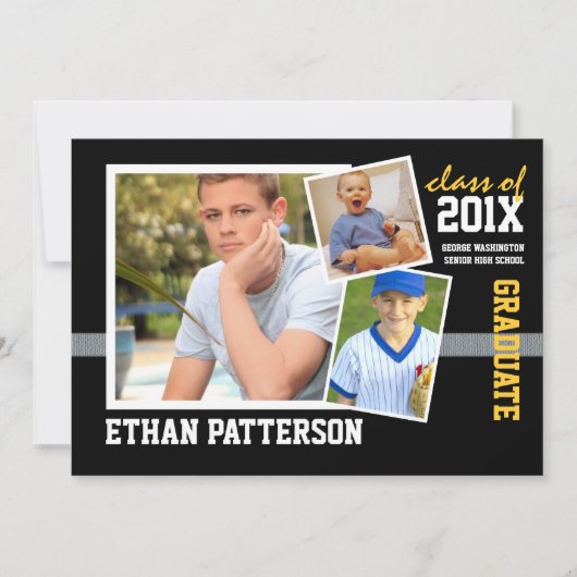 スポーティな3写真の卒業の発表の黒の金ゴールド 招待状 (正面)