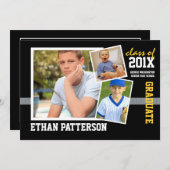 スポーティな3写真の卒業の発表の黒の金ゴールド 招待状 (正面/裏面)