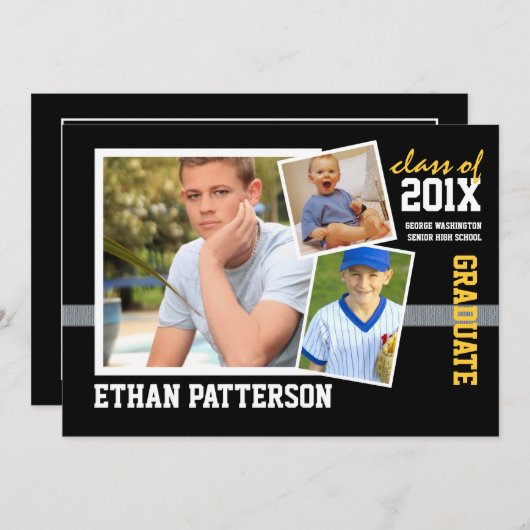 スポーティな3写真の卒業の発表の黒の金ゴールド 招待状 (正面/裏面)