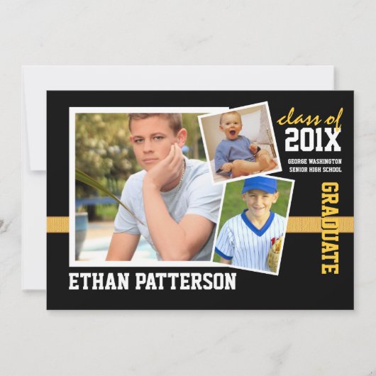 スポーティな3写真の卒業の発表の黒の金ゴールド 招待状 (正面)