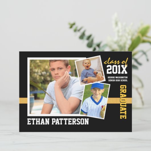 スポーティな3写真の卒業の発表の黒の金ゴールド 招待状 (スタンド正面)